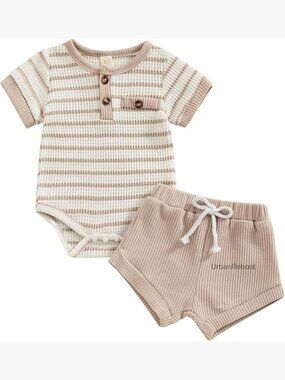 Newborn Baby Boy Romper and Shorts Set Cotton Blend Waffle Outfit